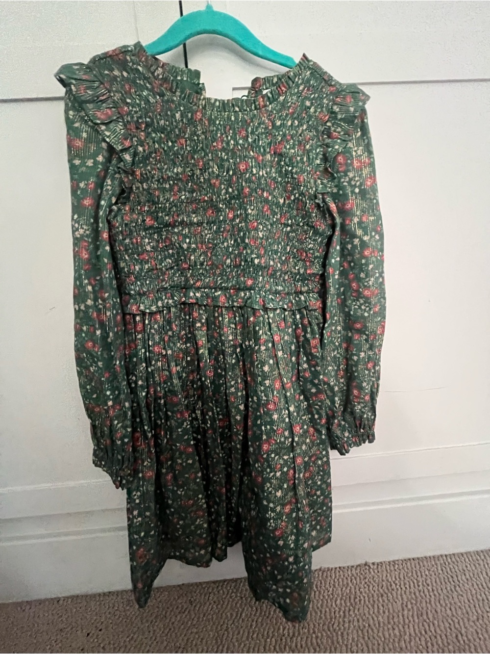 Nordstrom Green Floral Smocked Ruffle-Shoulder Dress
